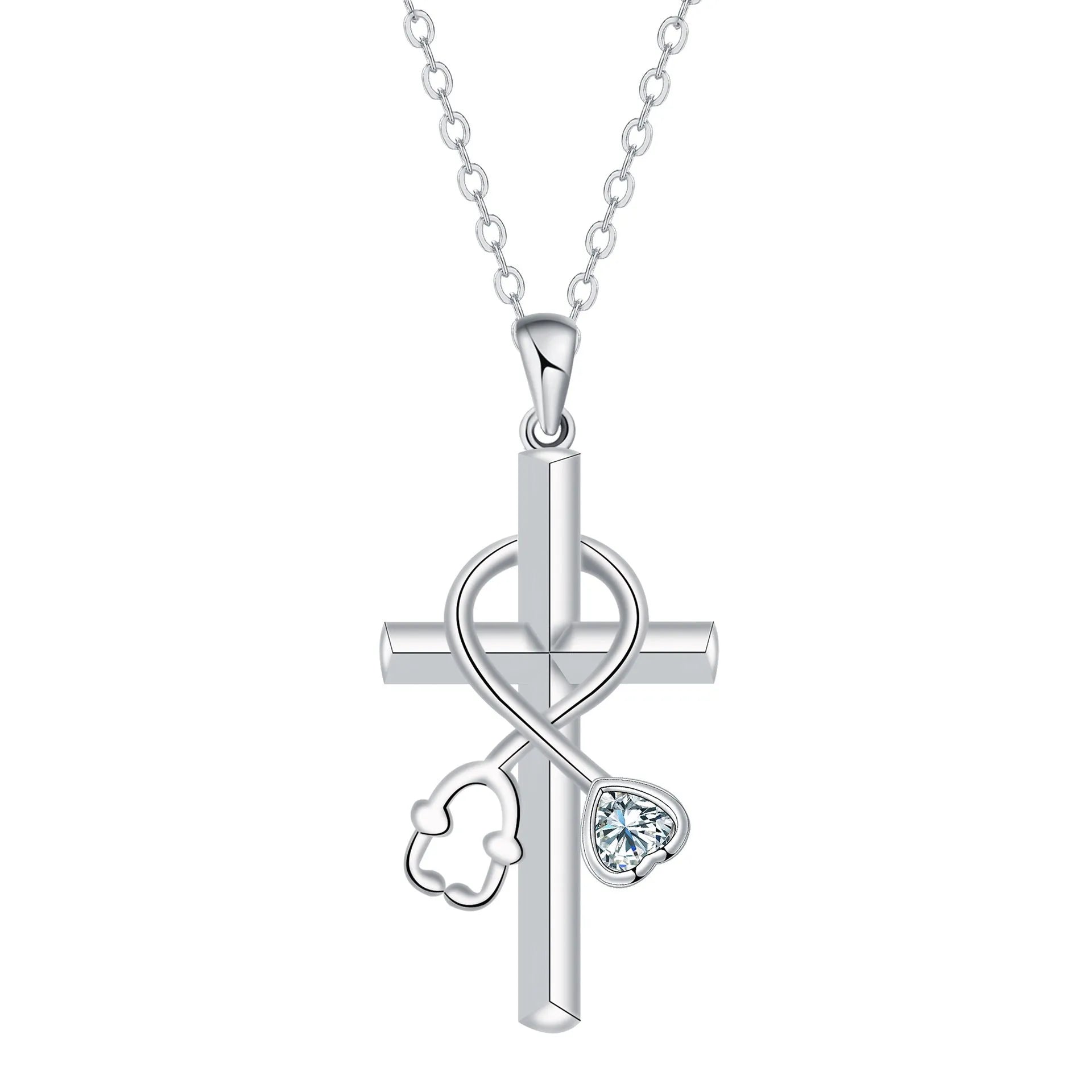 Women's cross stethoscope pendant necklace with electroplated copper construction and cross chain