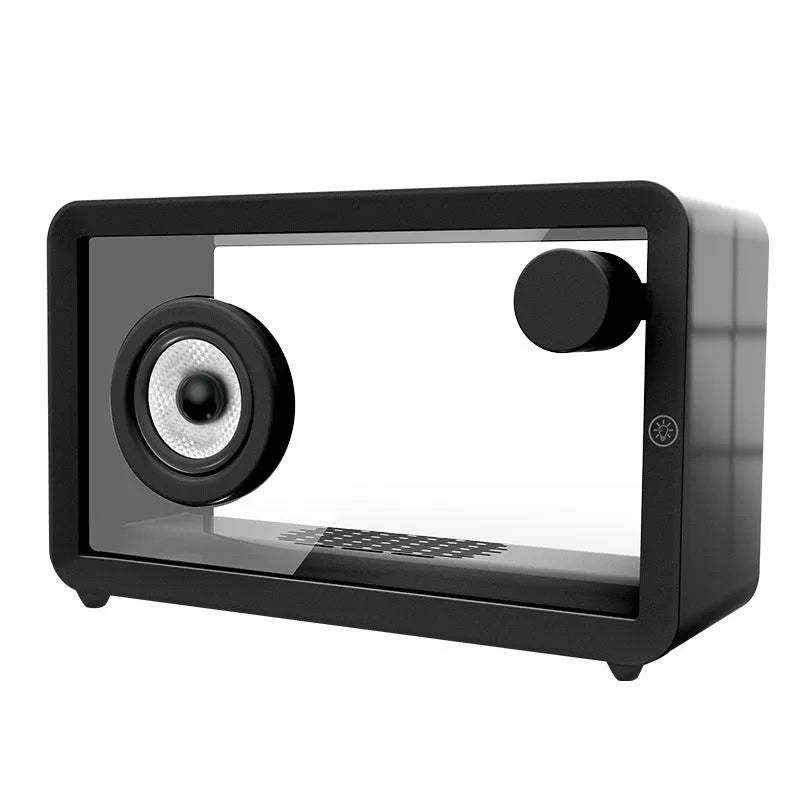 Transparent glass creative Bluetooth speaker in black on a desk with USB cable nearby