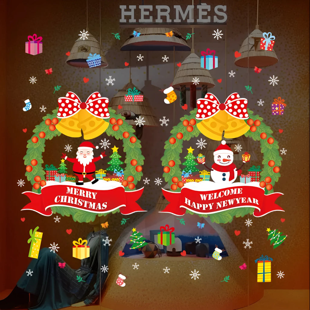 Non-adhesive electrostatic Christmas wall sticker set showing colourful cartoon design on window