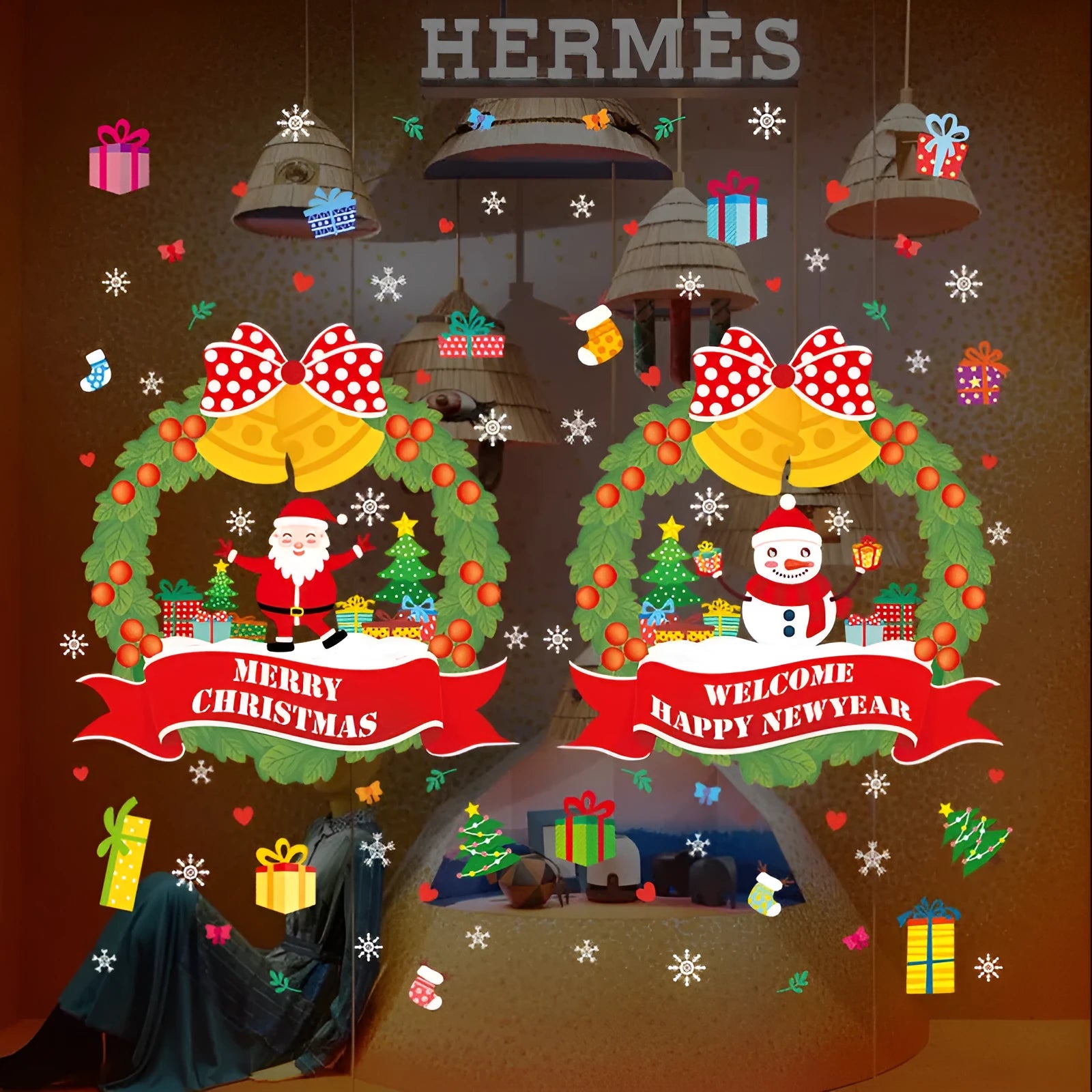 Non-adhesive electrostatic Christmas wall sticker set showing colourful cartoon design on window