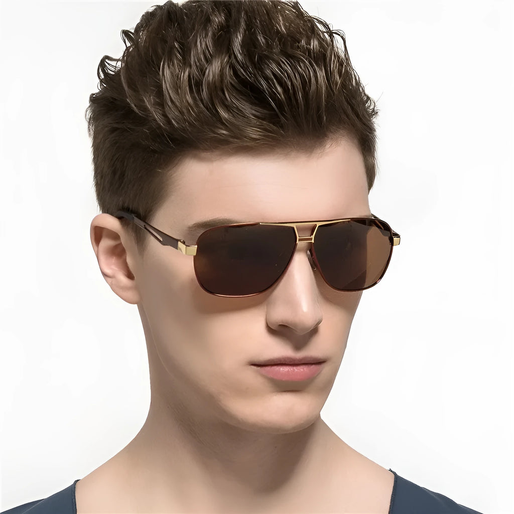 Men's orange red aviator sunglasses with polarised lenses and metal frame.