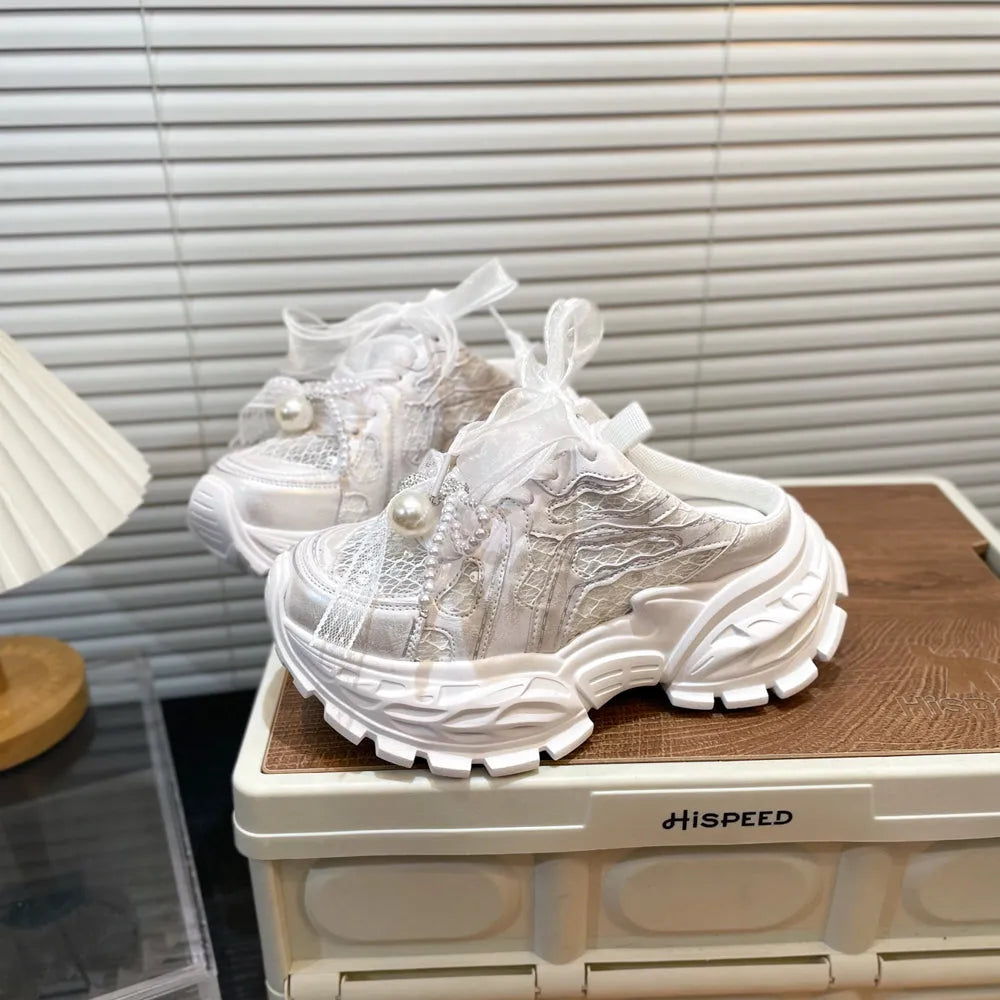 Pearl lace bow baby girl daddy shoes high heel 5-8cm gradient purple white first layer cowhide