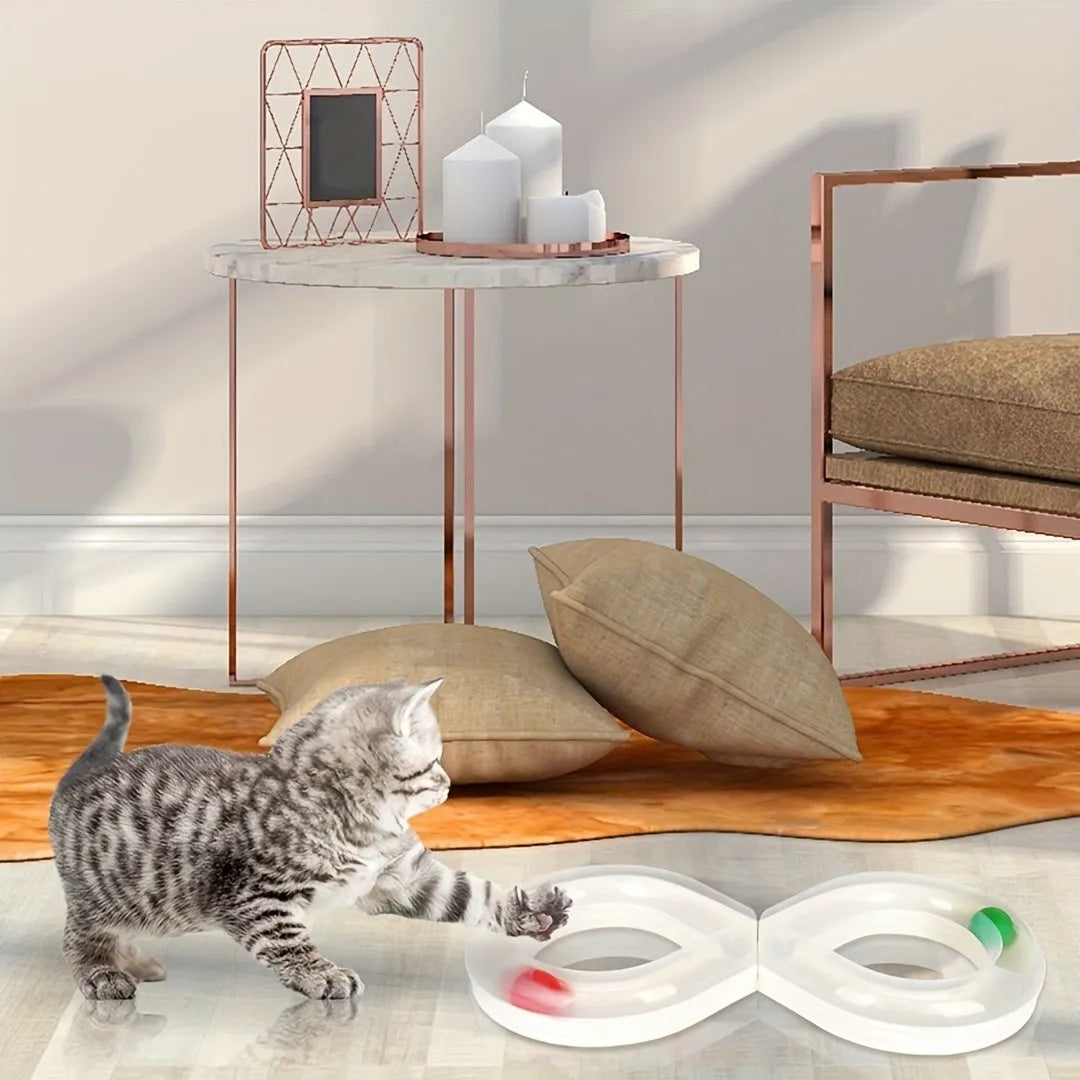 Blue and white cat interactive toy with turntable track ball and teasing stick on flat surface