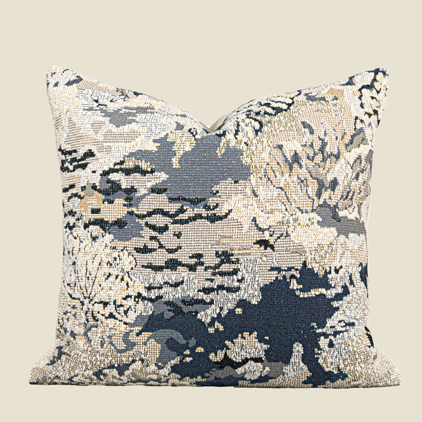 Antique blue floral print decorative cushion with wool blend fabric, shown in square and waist pillow sizes.