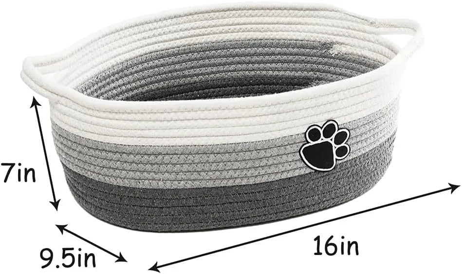 Handmade light beige woven cotton rope storage basket with a wooden handle