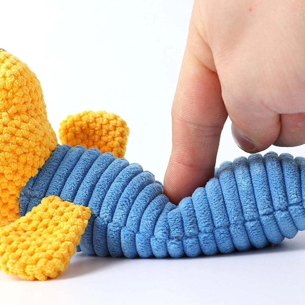 Squeaky dog chew toys in calf, frog and puppy shapes with dental cleaning features