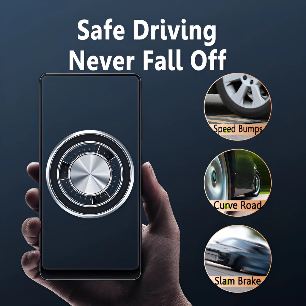 Silver magnetic car phone holder mounted on vehicle air vent with phone attached