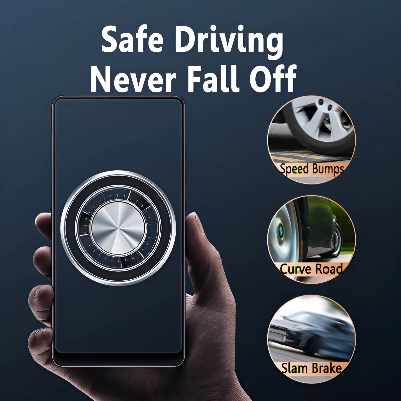 Silver magnetic car phone holder mounted on vehicle air vent with phone attached