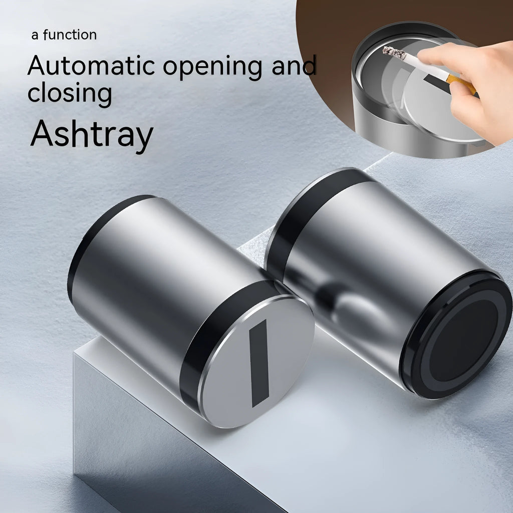 Grey aluminium intelligent induction ashtray with automatic opening lid for car use.