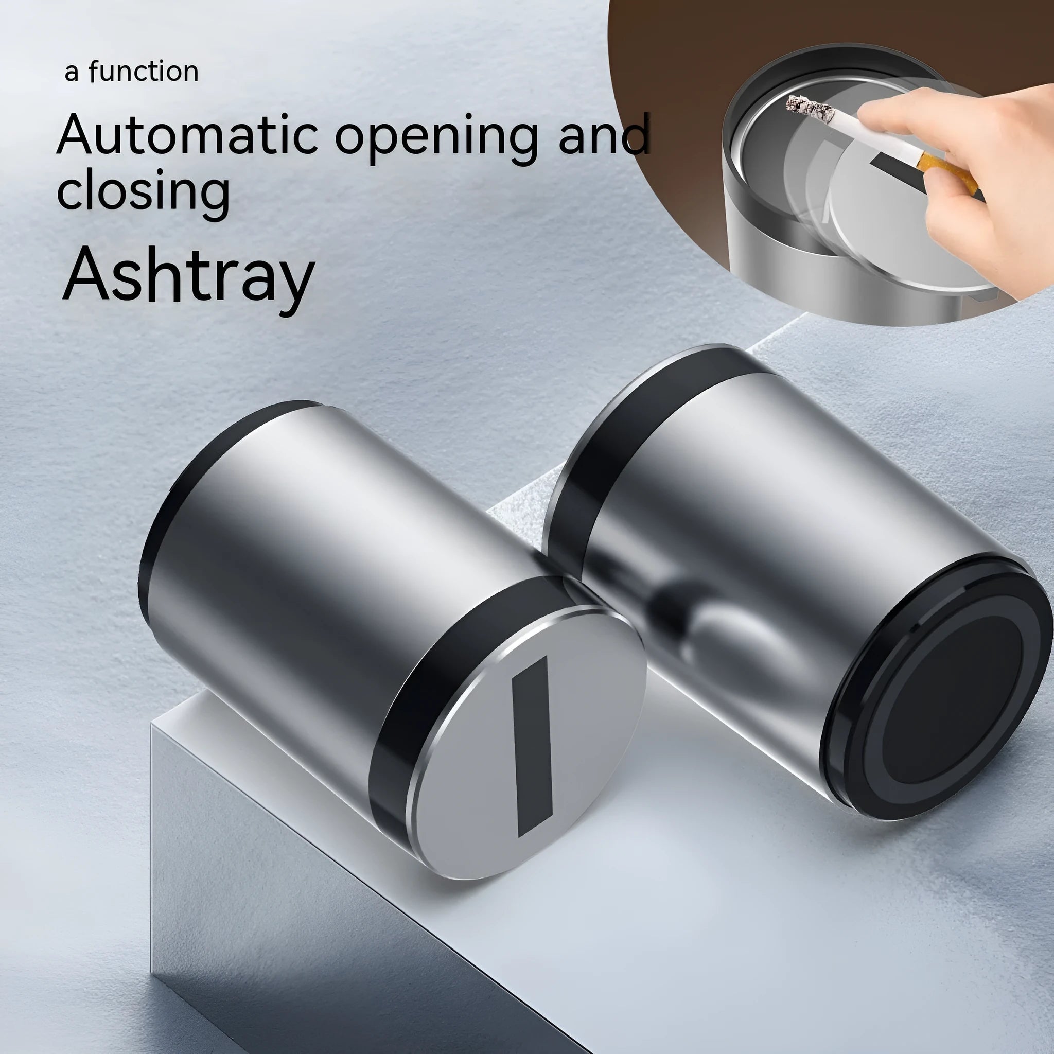 Grey aluminium intelligent induction ashtray with automatic opening lid for car use.
