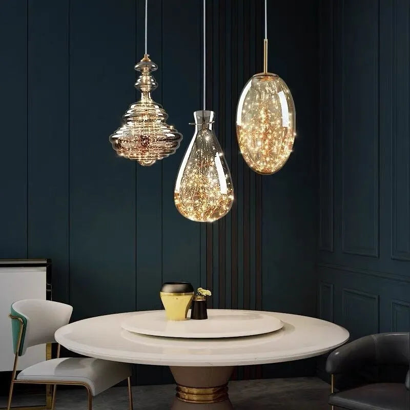 Modern glass ceiling droplight with adjustable height and remote control for LED lighting