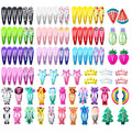100-piece hair clip set with metal snap closures in assorted candy colours and cartoon designs