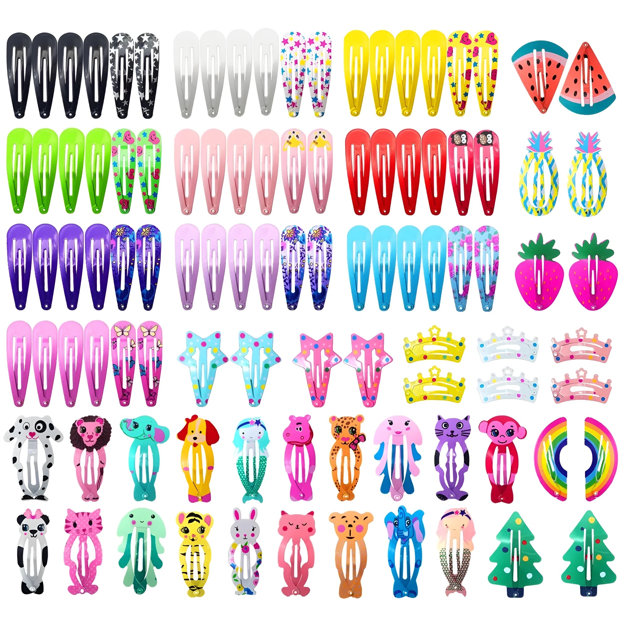 100-piece hair clip set with metal snap closures in assorted candy colours and cartoon designs