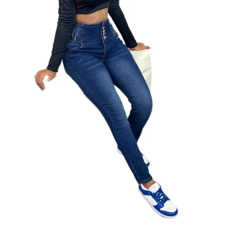 Dark blue cotton denim women's straight-leg trousers with breasted front and skinny fit
