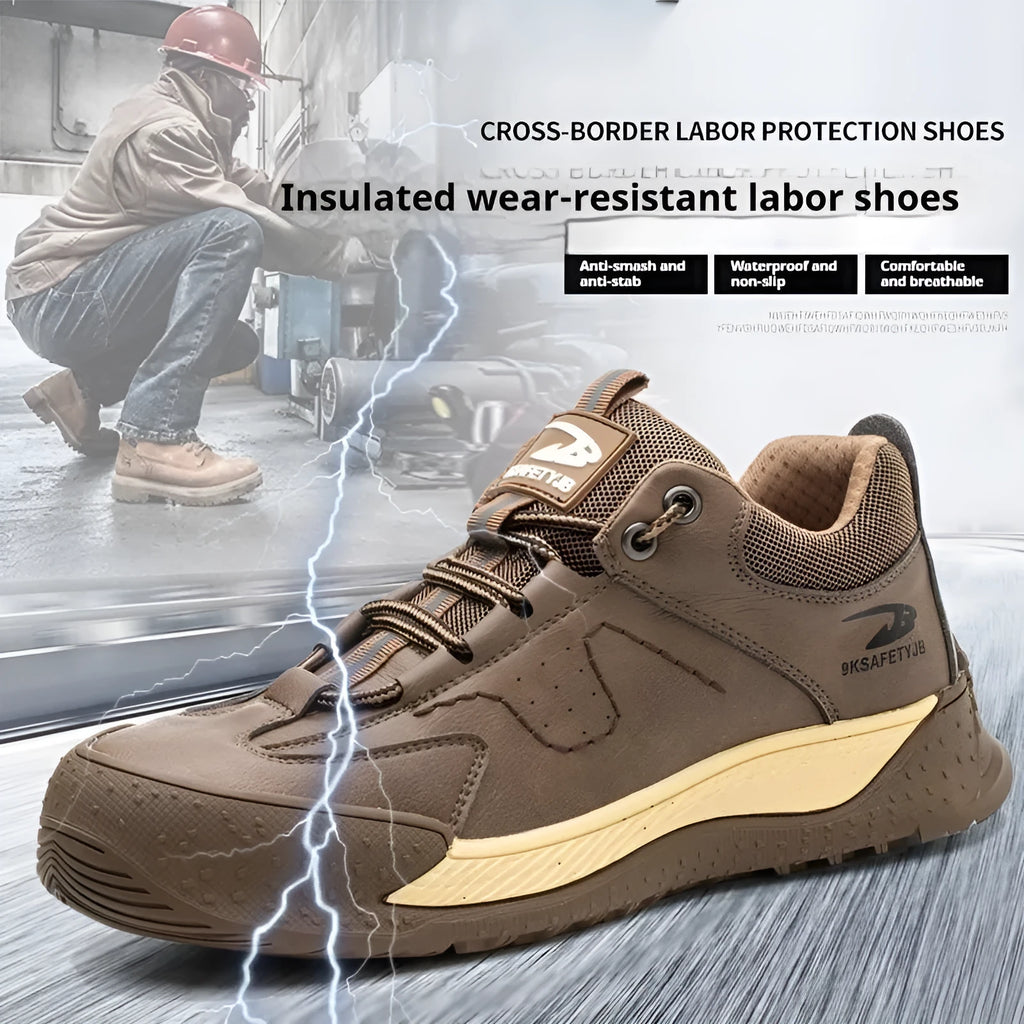 Leather upper work shoes with rubber sole and flyknit detailing, shown in available colours.