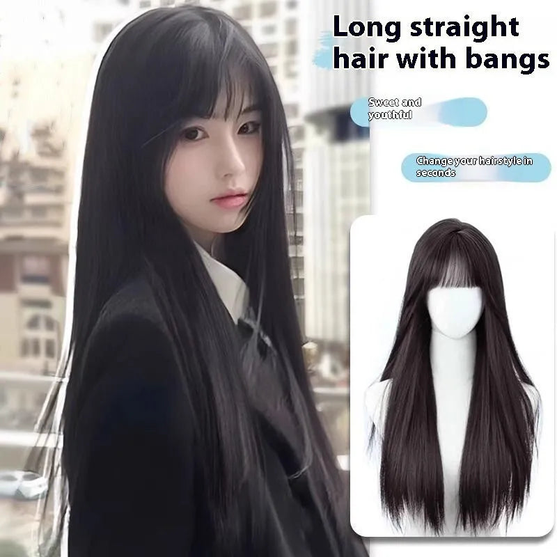 Black long straight wig with bangs made from high temperature fibre material