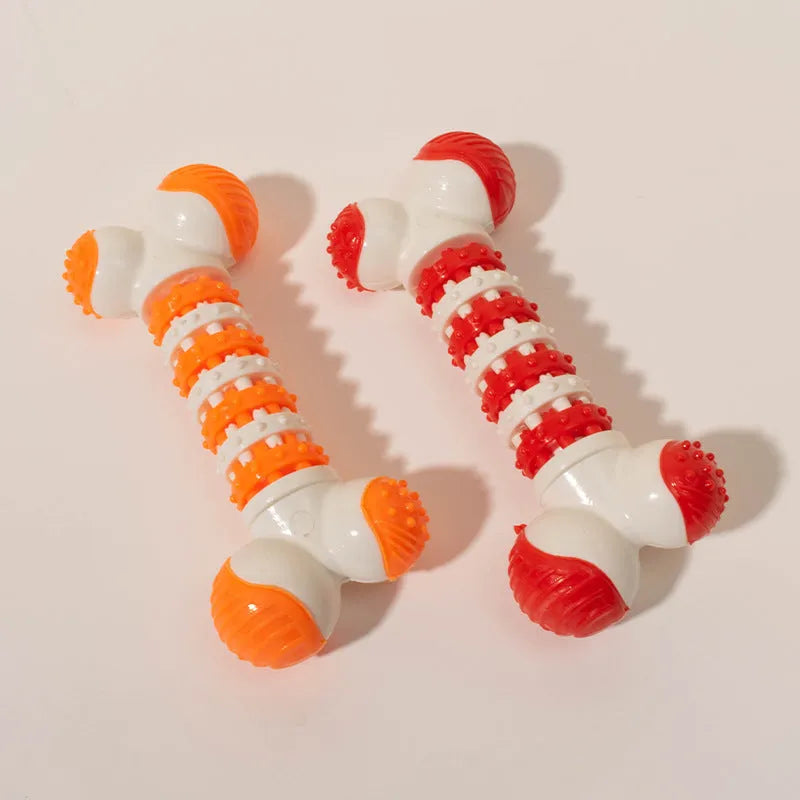 Blue bone-shaped interactive dog toy for small breeds with chewable ends and a central treat holder.
