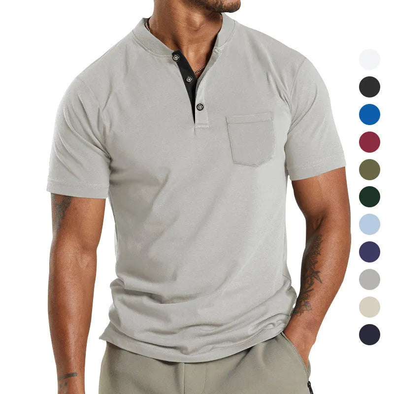 Plus size men's solid colour short sleeve polyester shirt with button chest pocket