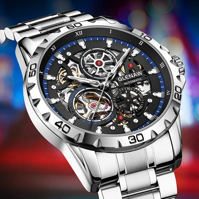 Silver automatic mechanical watch with hollow-out design showing movement through transparent back
