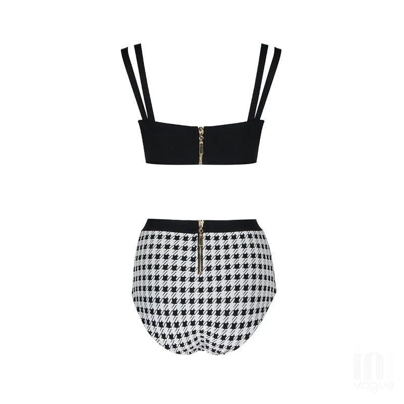 Black houndstooth push up bandage bikini set for women, artificial fibre, sizes XS to L, with top and pants
