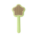 Green and yellow self-cleaning stainless steel cat comb grooming tool measuring 20 cm.