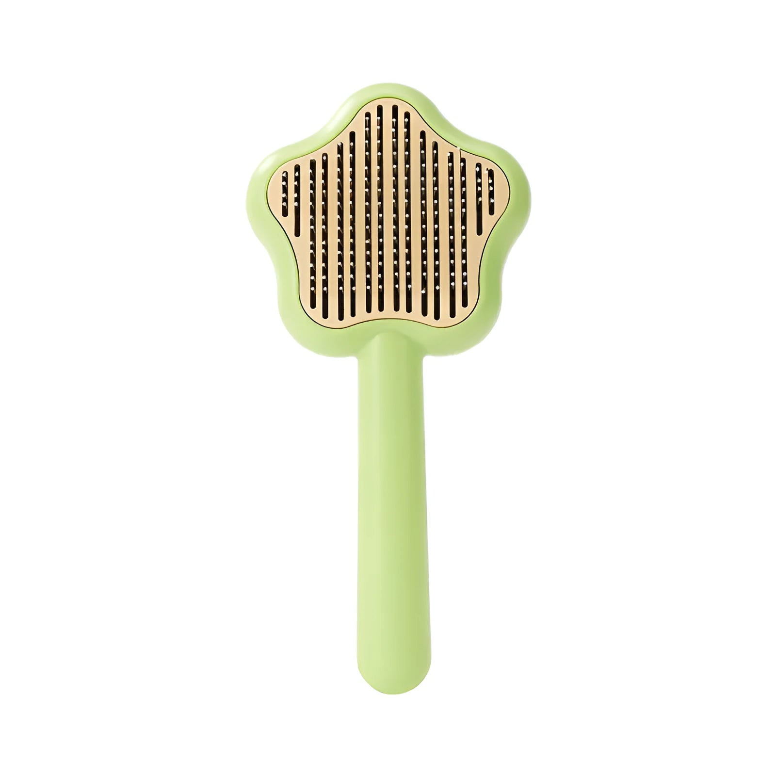 Green and yellow self-cleaning stainless steel cat comb grooming tool measuring 20 cm.