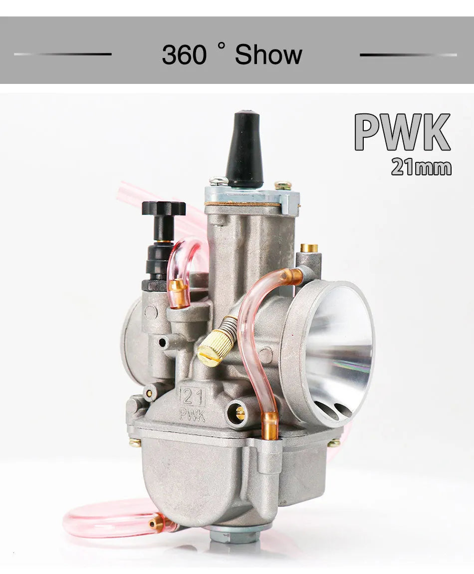 Set of seven sandblasted PWK motorcycle carburettors in sizes 21mm, 24mm, 26mm, 28mm, 30mm, 32mm, and 34mm for performance modification.