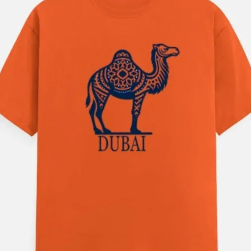 Orange loose fit cotton t-shirt with short sleeves and a round neck on a hanger.