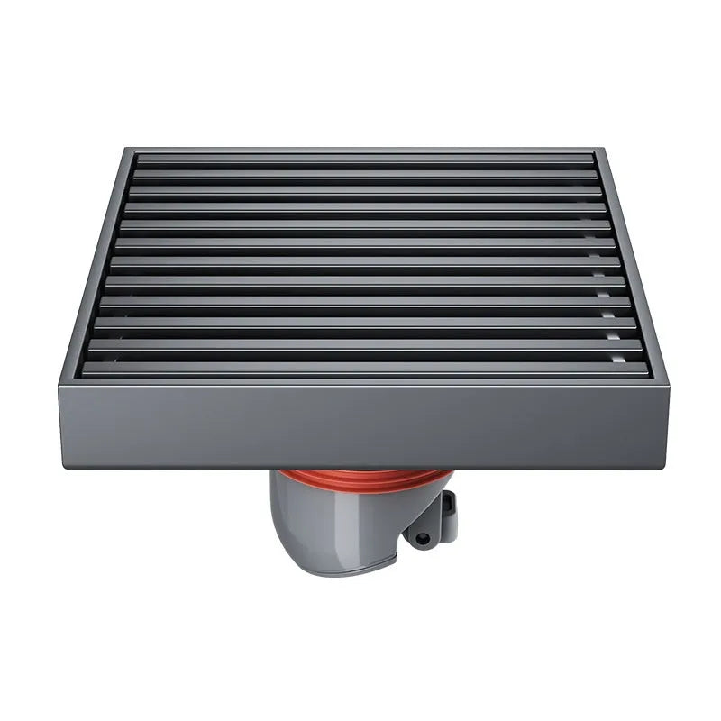 Gun grey 304 stainless steel square courtyard floor drain measuring 15x15cm.