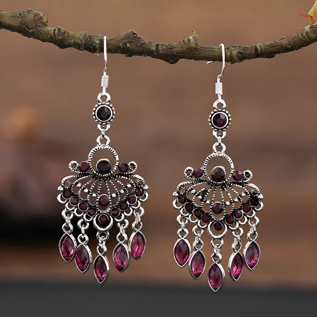 Purple retro crystal fringe drop earrings with ethnic style elements