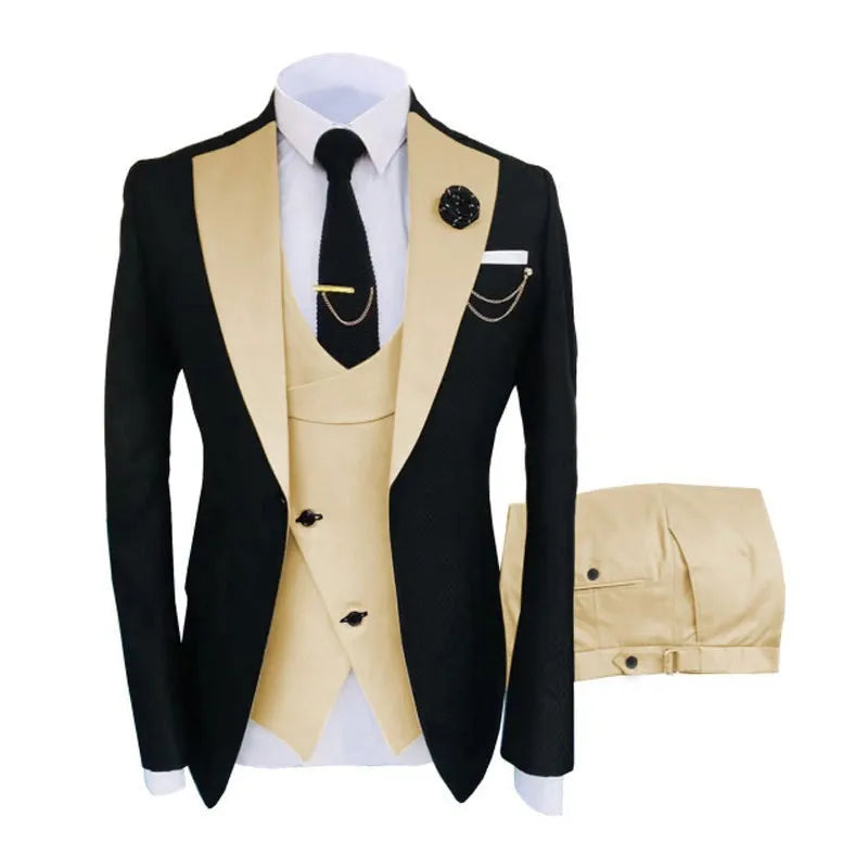 Men's slim fit three-piece business suit with coat, vest, and trousers in cotton fabric