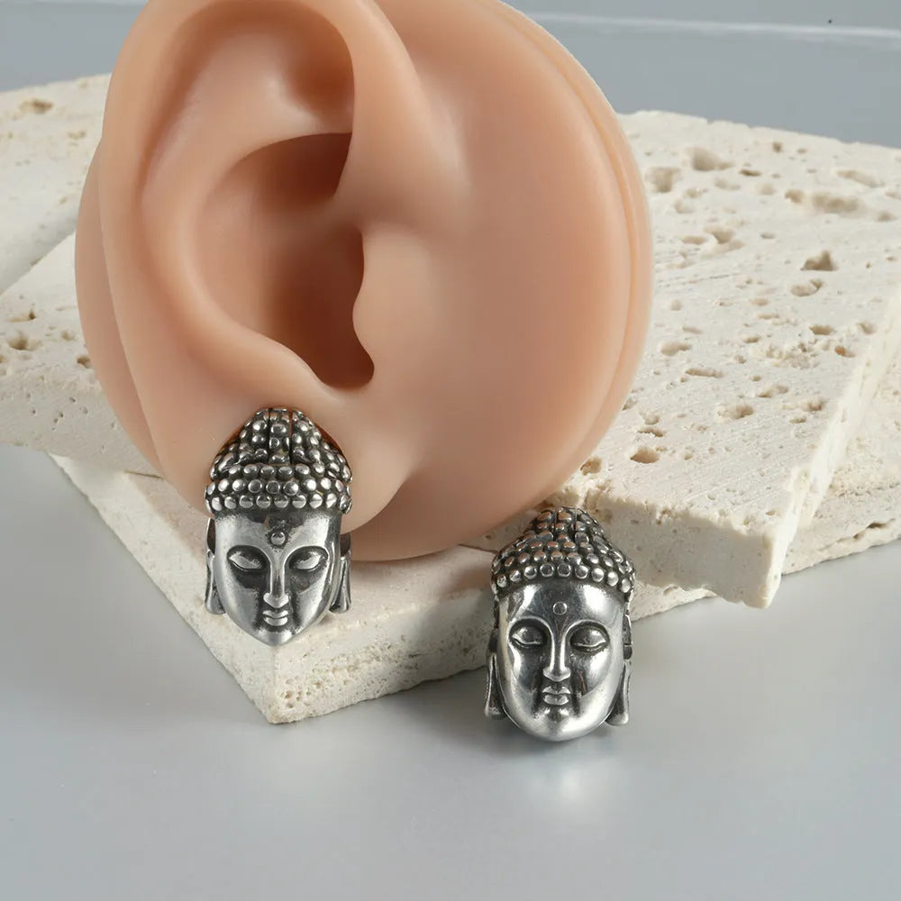 Stainless steel hollow skull Buddha earrings in geometric design with electroplated colour finish