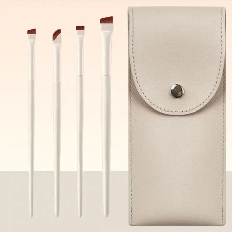 4 piece angled eyeliner and brow brush set with ultra thin precision brushes in leather case