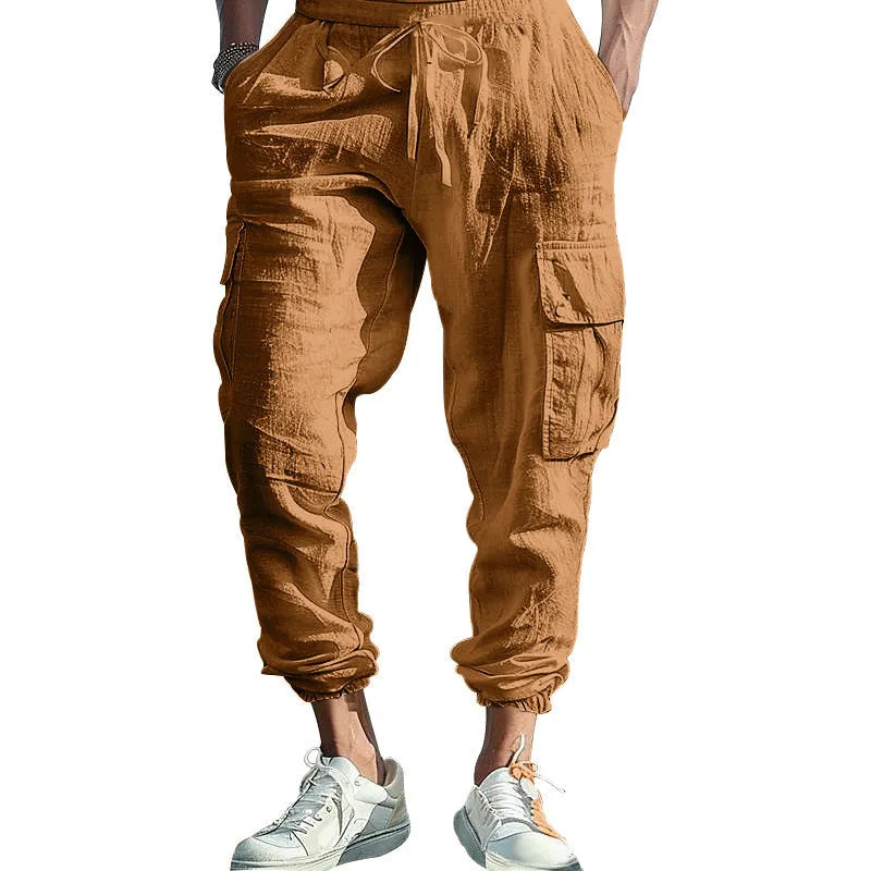 Men's linen casual trousers in Army Green with multi-pockets and an ankle tie closure.
