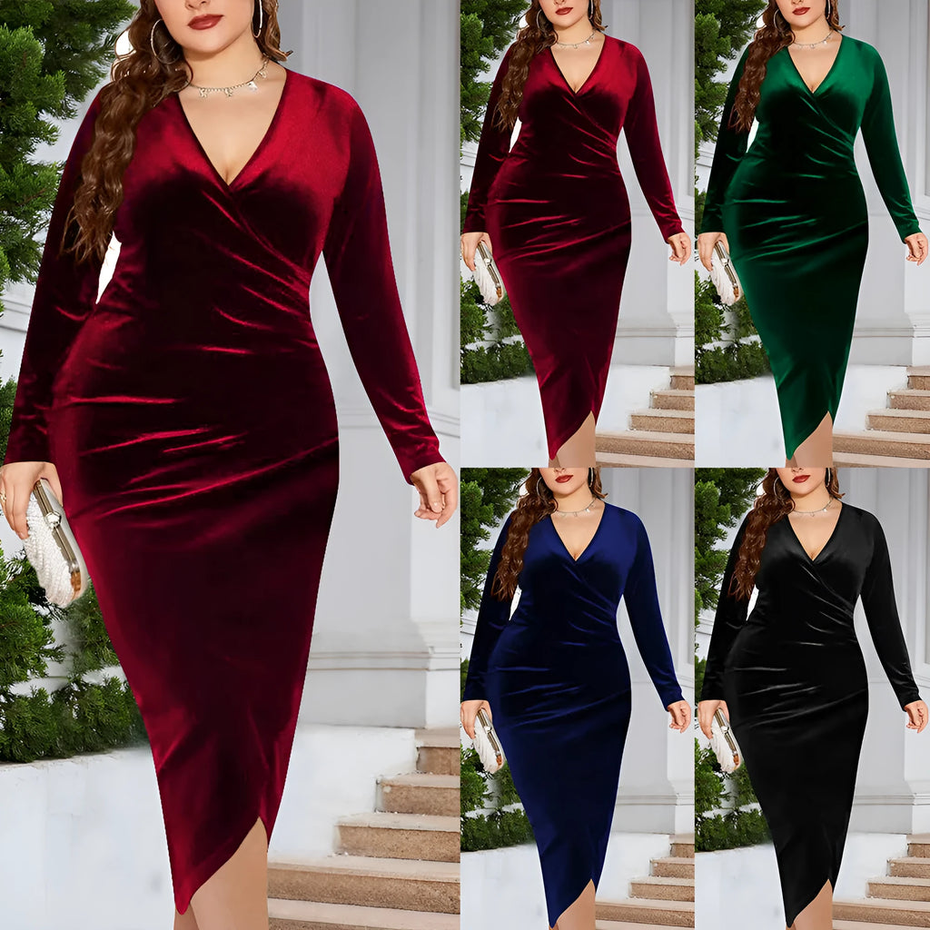 Women's plus size V-neck dress with long regular sleeves in polyester fabric