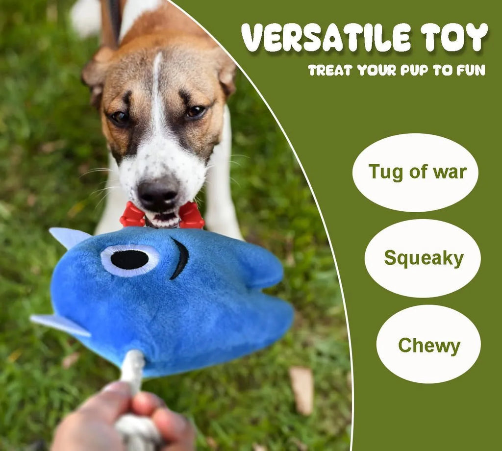 Blue and green plush dog chew toy with cotton rope tug handles and a squeaker inside.