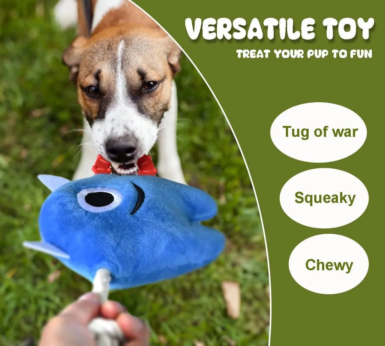 Blue and green plush dog chew toy with cotton rope tug handles and a squeaker inside.