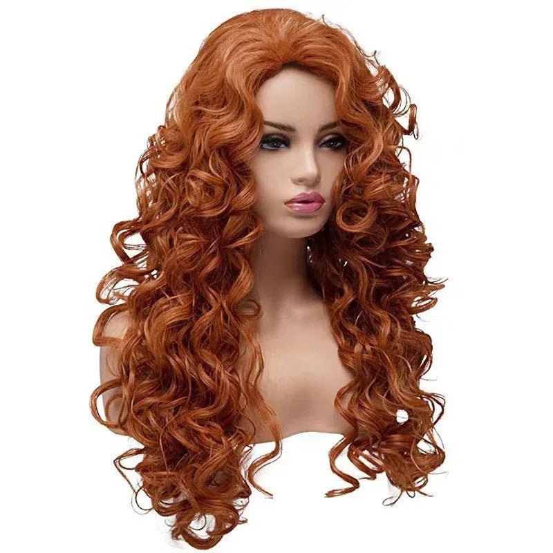 Brown long wavy curly costume wig with fluffy texture on a wig head