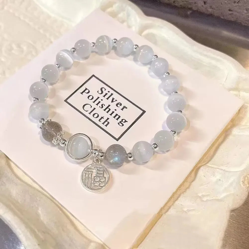 Handmade glass butterfly bracelet for women with adjustable silver clasp and grey moonstone beads