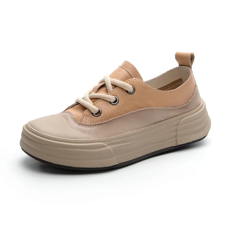 Women's leather platform sneakers in matcha green, orange, and purple colours showing round toe and lace-up design
