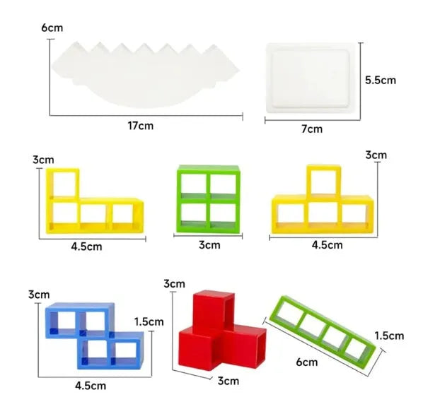 Plastic balance stacking game with 16 colourful building blocks, chassis and base on table