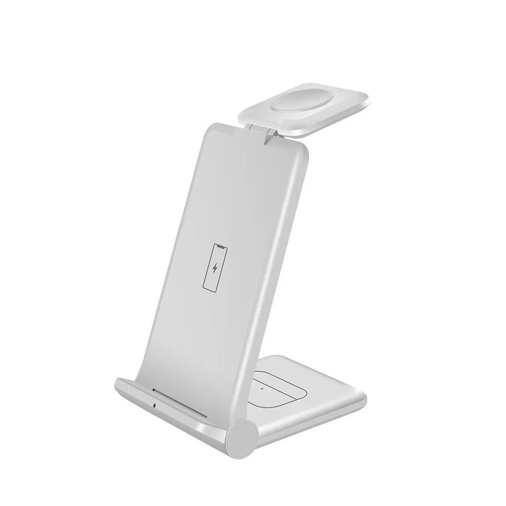 White foldable 3-in-1 wireless charging station showing phone, watch and earbuds charging simultaneously