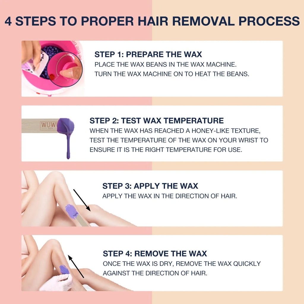 27-piece hypoallergenic hair removal wax kit with machine, coloured wax beads, sticks, and guidebook.
