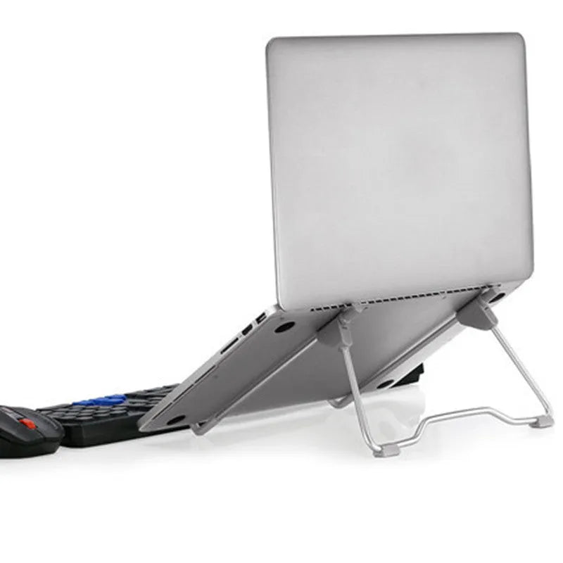 Grey aluminium alloy and plastic adjustable mobile phone and laptop stand shown folded and unfolded.