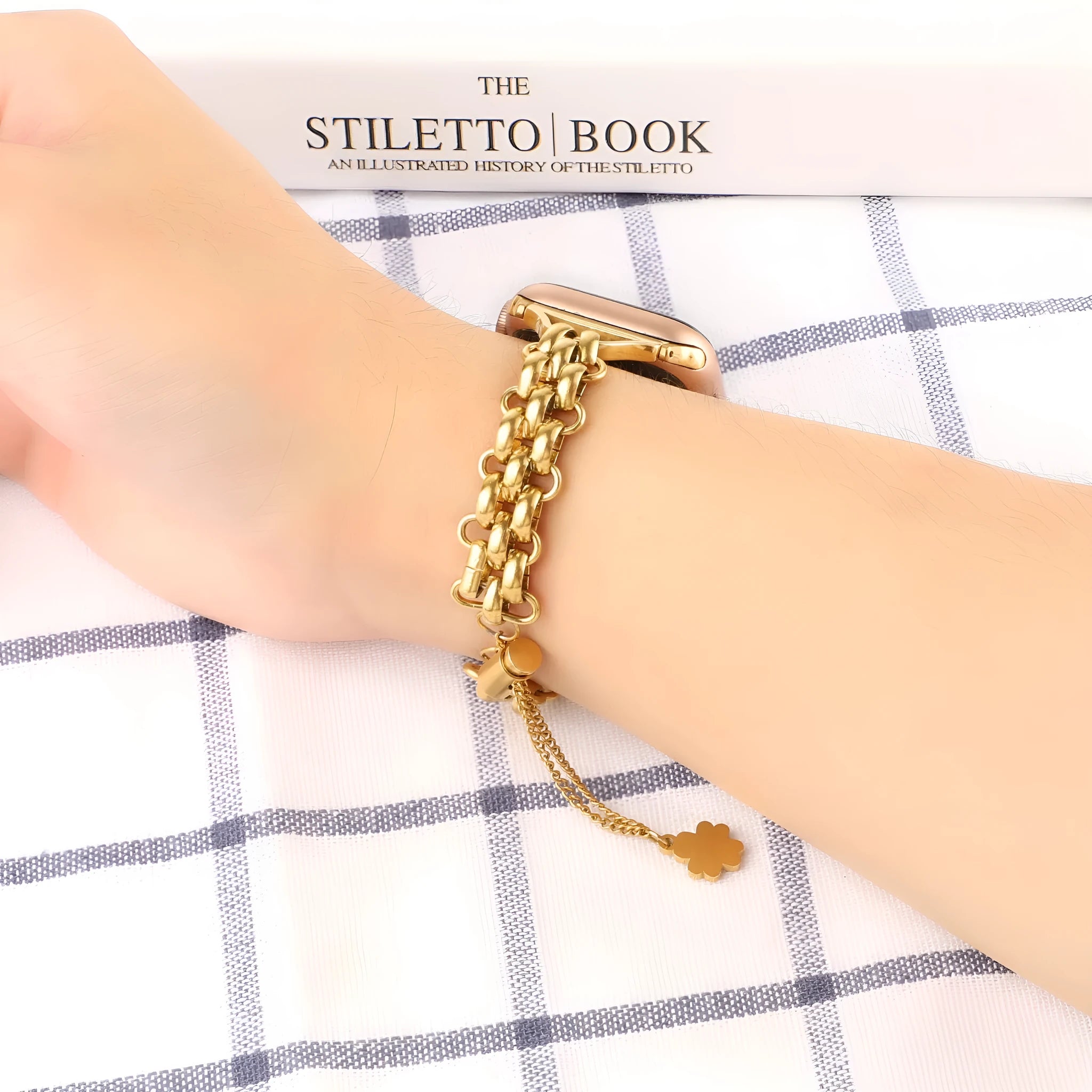 Stainless steel double row chain watch band for Apple Watch in black, silver, gold, rose gold, sport style