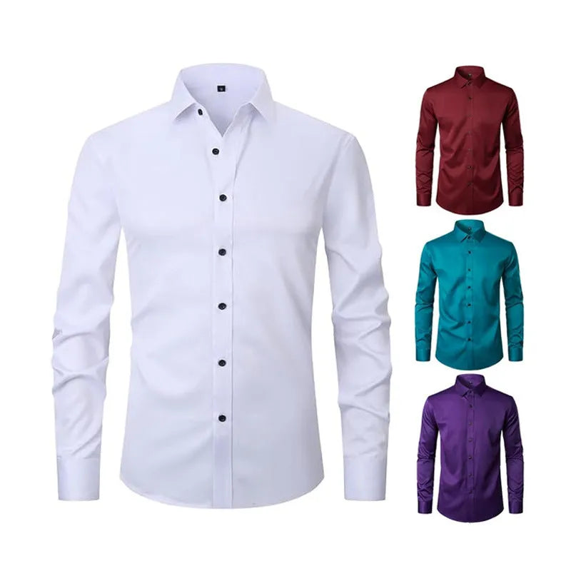 Men's polyester stretch long sleeve work shirt shown in multiple colour options with size chart