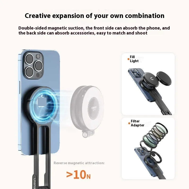 Portable photography climbing button carabiner mobile phone holder in black, aluminium alloy and silicone, compact storage 26x11.5x158mm