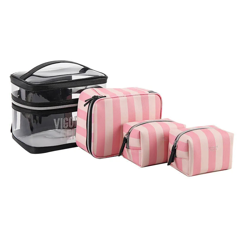 Pink and white striped folding makeup bag with floral pattern and synthetic leather material.