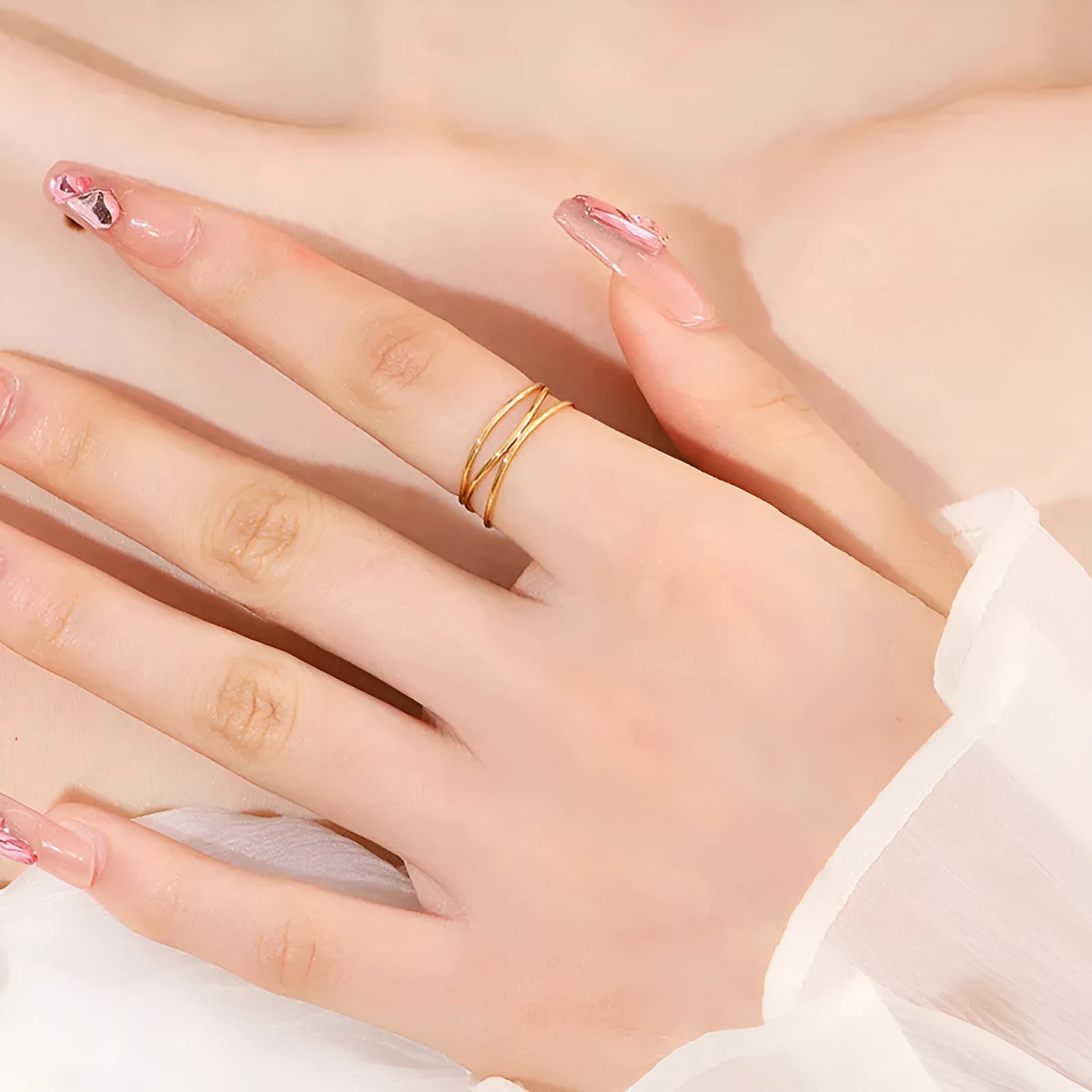 Gold electroplated titanium steel ring with three-layer geometric coiled line design