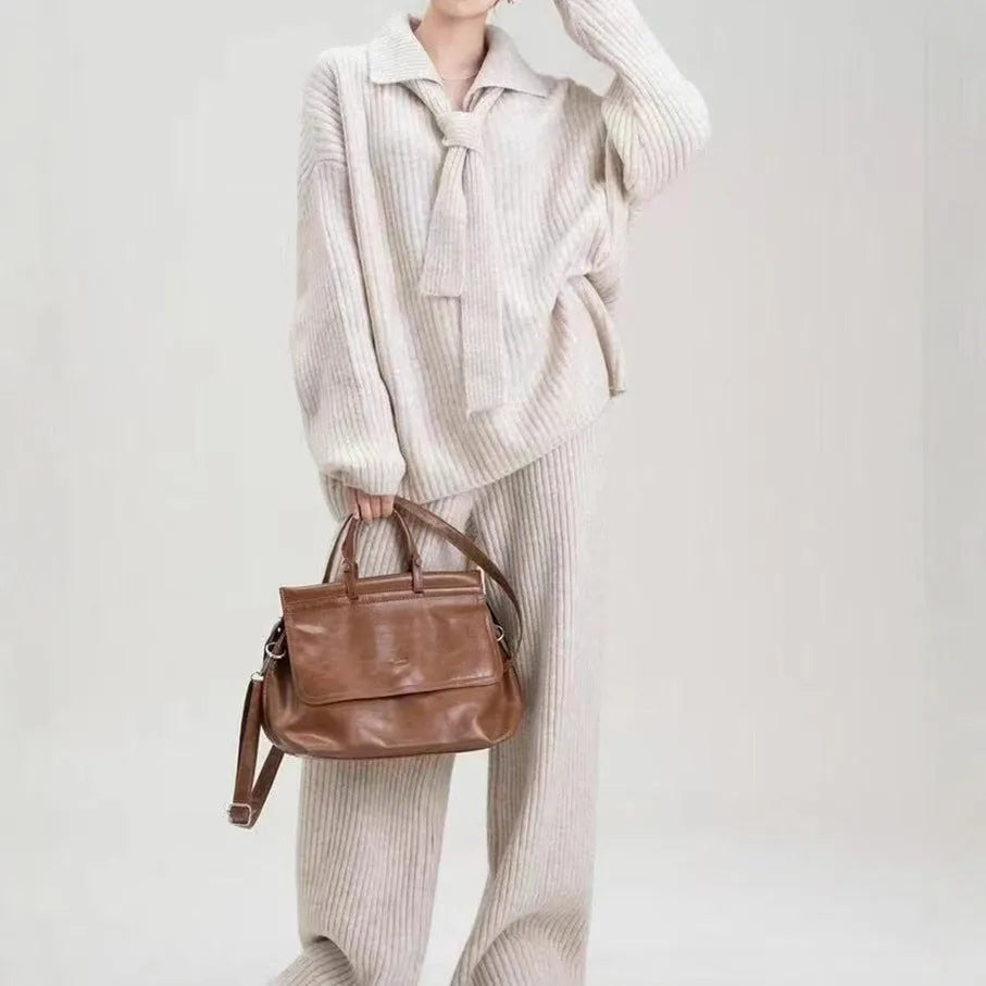 Sweater suit two-piece set with long-sleeve top and trousers in acrylic imitation cashmere fabric